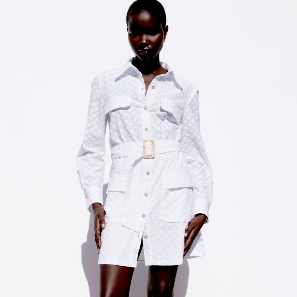 Zara white belted embroidered dress